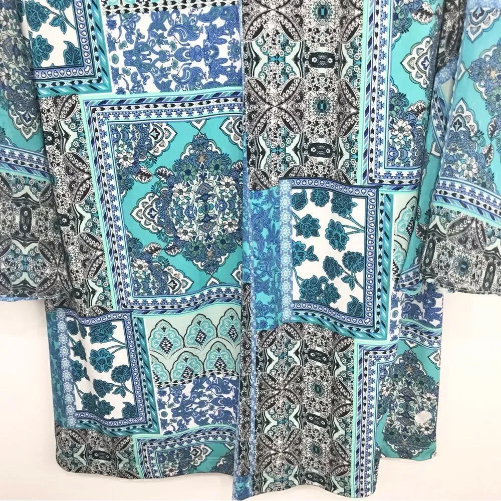 Ronni Nicole Blue Patchwork Floral Tapestry Print Bell Sleeve Sheath Dress
